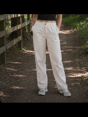 28 Palms White Straight Leg Linen Blend Elastic Waist Pants Size XS 30